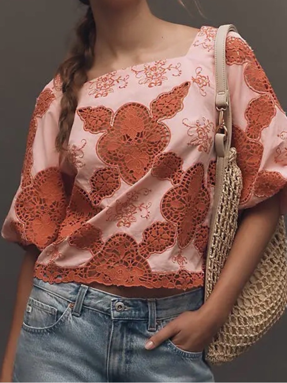 Anthropologie Pink blouse with coral Eyelet Embroidery